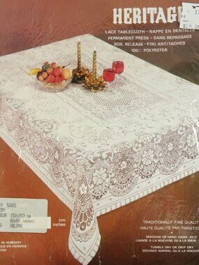 Vintage White Lace Tablecloth NOS Old Stock Polyester Hungary 60x80in Perm Pres